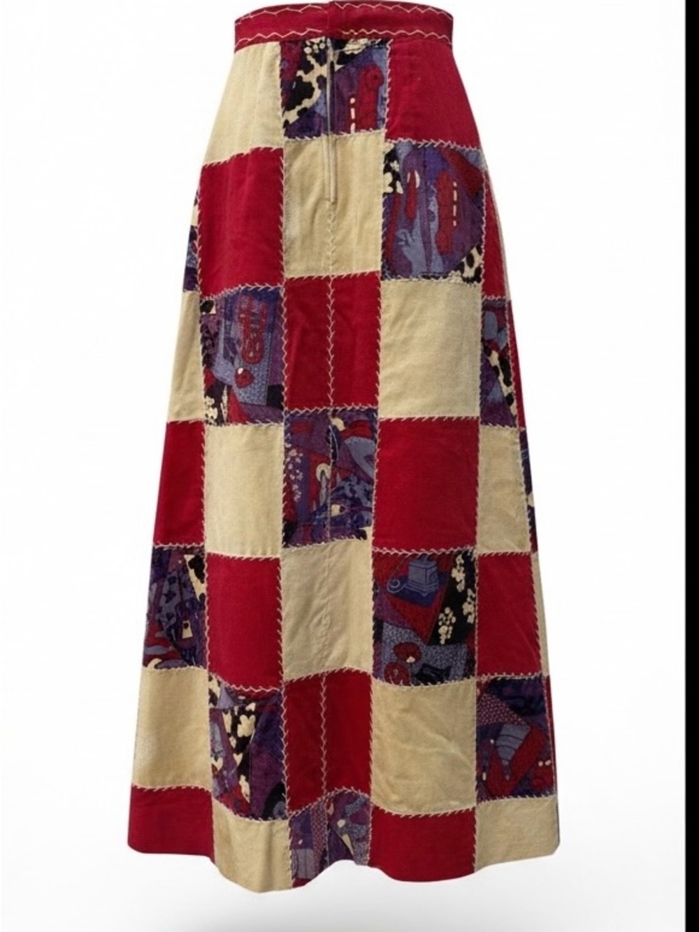 Vintage Handmade Patchwork Corduroy Maxi Skirt - Red Cream Boho OOAK